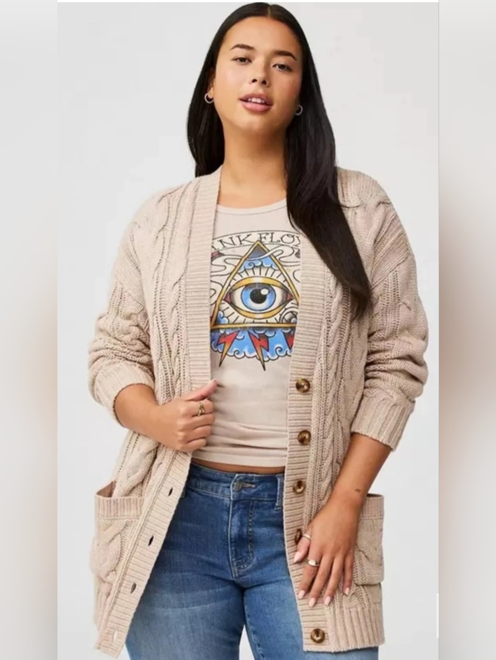 torrid Beige Cable-Knit Button Cardigan